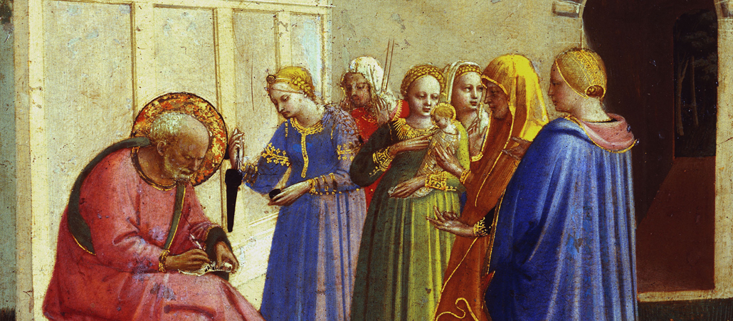 Fra Angelico, Namensgebung Johannes d.T.  Fra Angelico; eigentl. Fra Giovanni da Fiesole; 1387-1455. 'Die Namensgebung Johannes des Taeufers' (Zacharias gibt seinem Sohn den Namen Johannes), 1434/35. Tempera auf Holz, 26 x 24 cm. Inv.Nr. 1499 Florenz